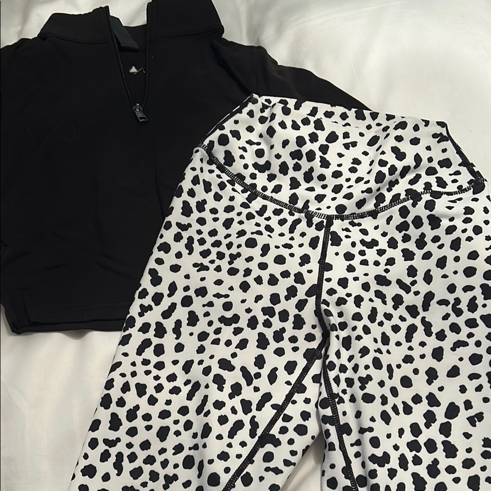 Black Zip-Up Jacket and White Leopard Print Leggings - Picture 2 of 4
